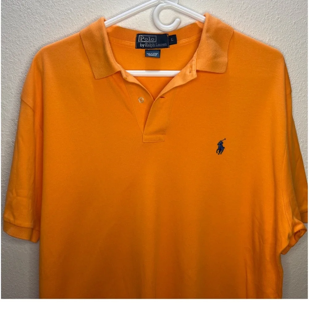 Polo Ralph Lauren Mens Orange Cotton Short Sleeve Polo Shirt Blue Pony Size L